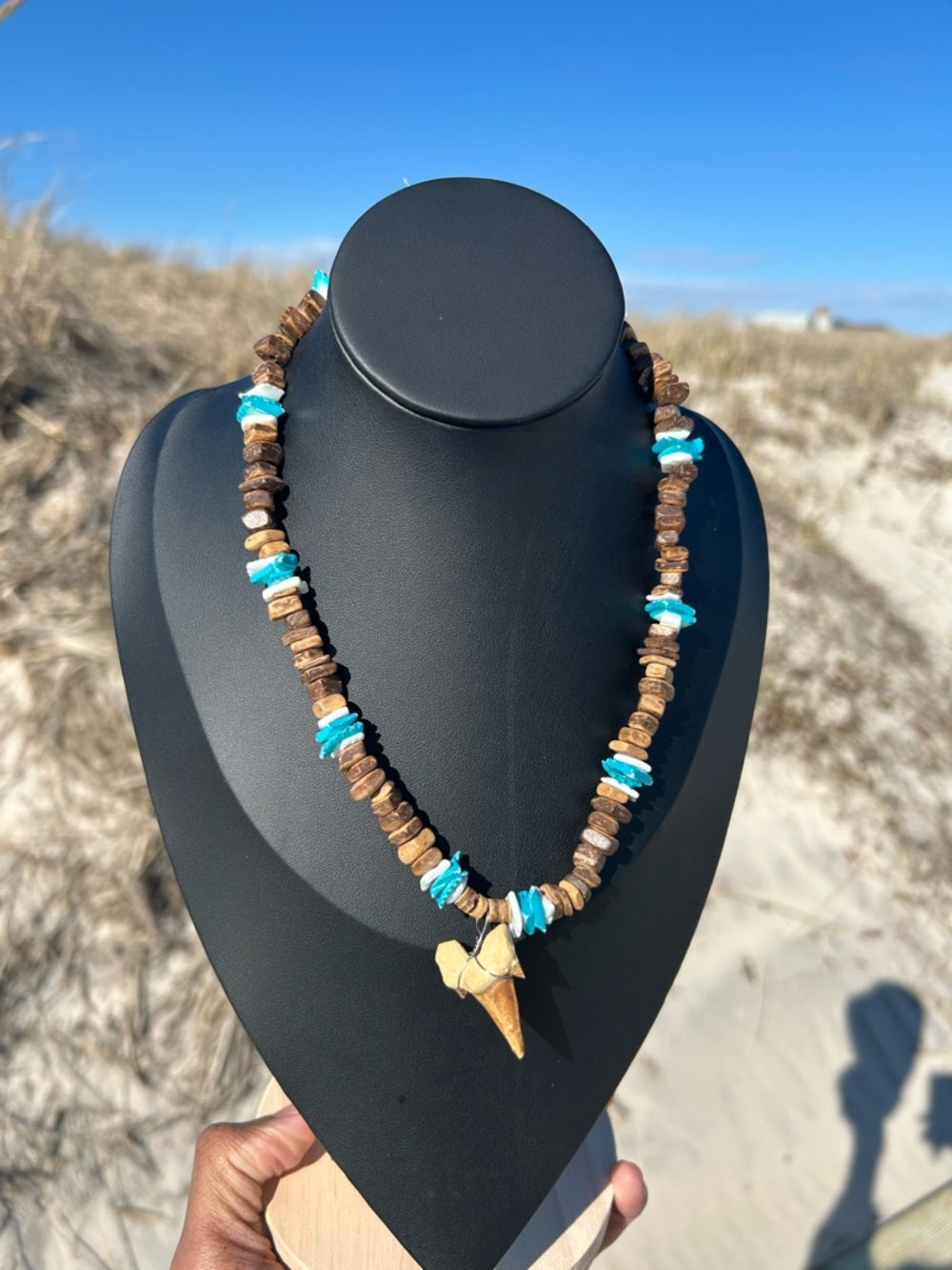 Vintage Beachy Shark tooth Turquoise & Wood Chip Necklace Gothic punk Emo